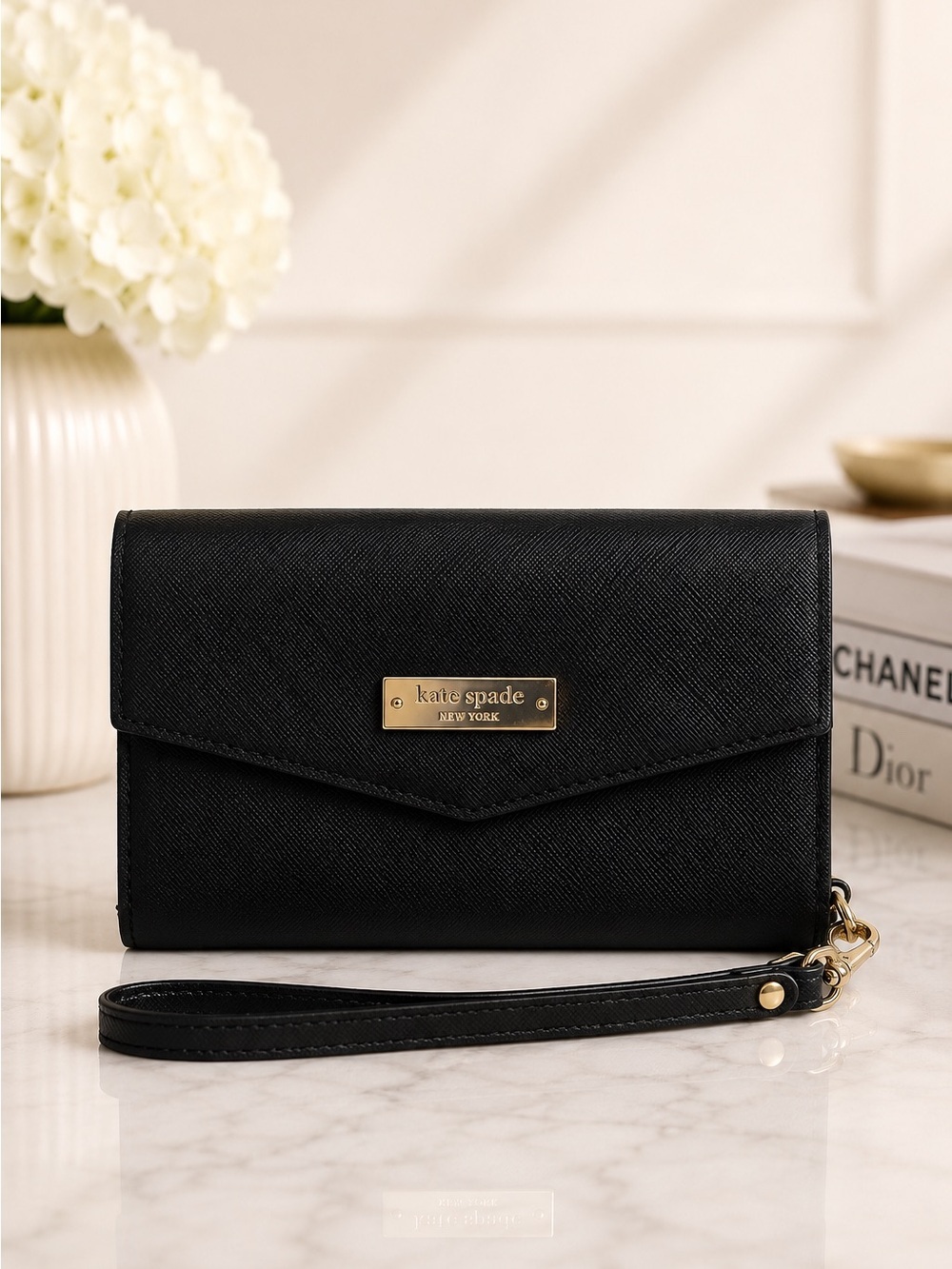 Kate Spade Black Saffiano Leather Wristlet Wallet Clutch Continental
